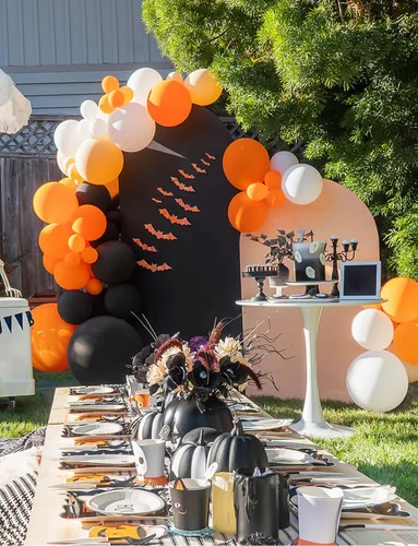 Vista 4 de Kit de arco de guirnalda de globos de Halloween, 116 piezas de arco de globos naranja y negro blanco, globos de papel de aluminio con estrella