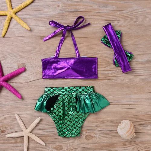 Vista 5 de Traje de baño de sirena para niños pequeños, conjunto de bikini con diadema, conjunto de 3 piezas