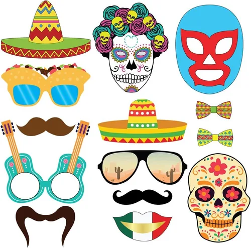 Vista 7 de Accesorios para cabina de fotos Fiesta - 40 piezas - Suministros para fiestas mexicanas del Cinco de Mayo, decoraciones y regalos