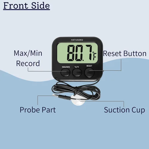 Vista 5 de Termómetro digital HATUSOKU con sensor externo, imán, ventosa, termómetro de agua, para acuario, refrigerador, congelador (negro)