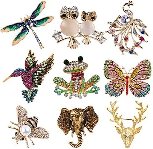 Vista 5 de Dainty Owl Hummingbird Butterfly Dragonfly Peacock Frog Bee Animals Brooch Pin Delicate Crystal Rhinestone Cubic Zirconia Animals and Insect Brooch