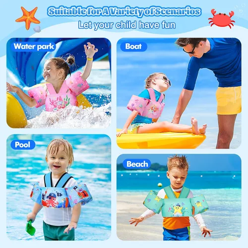 Vista 5 de Moko Banda de natación para niños de 20-30-50 libras, bonito chaleco de natación de dibujos animados para niños pequeños, flotadores de piscina