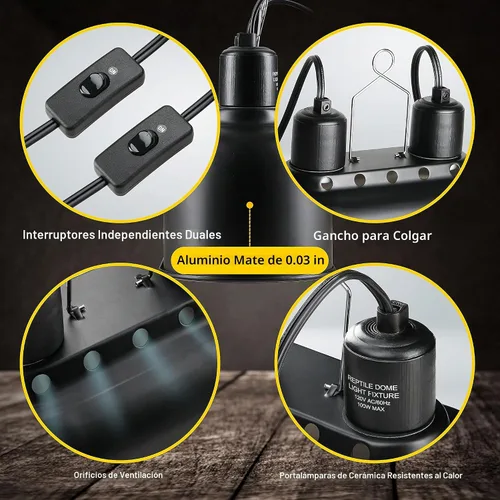Vista 2 de Simple Deluxe Lámpara de reptil de doble cúpula con interruptores separados, se adapta a una lámpara de calor de reptiles de 100 W/luz UVB
