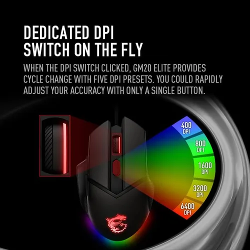 Vista 6 de MSI Clutch GM20 Elite - Mouse para juegos 6400 DPI interruptor OMRON de 20 M clics sensor óptico pesas ajustables diseño ergonómico de mano derecha