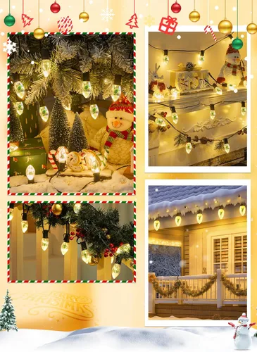 Vista 6 de Luces LED de Navidad C9 para exteriores, cadena de luces C9 de 25 pies con 20 bombillas LED inastillables, 3 modos de luz, luces de árbol de Navidad