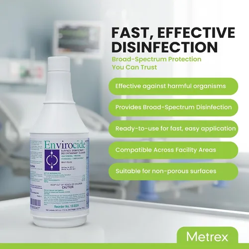 Vista 2 de Metrex Envirocide - Botella desinfectante para superficies de 24 onzas, limpiador de instrumentos médicos, espray limpiador de superficies listo