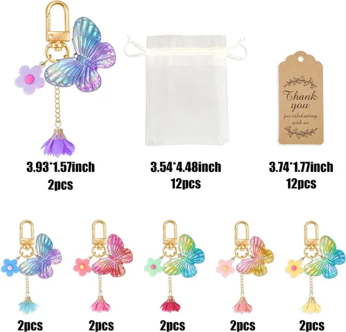 Vista 3 de BANBALLON 12 juegos de llaveros de fiesta de mariposa con etiquetas de papel kraft de agradecimiento para niñas, temática de mariposa, fiesta