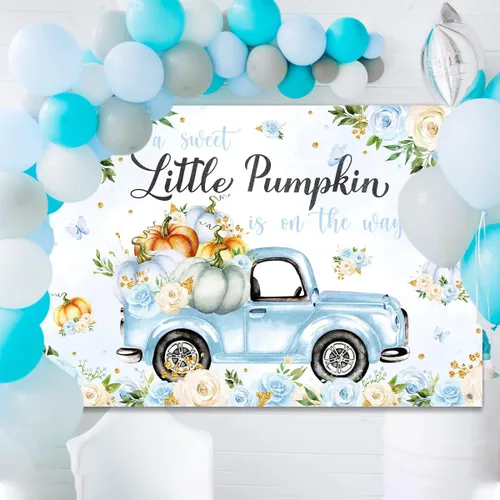 Vista 6 de Fondo de decoración de baby shower con diseño de calabaza pequeña para niño, A Sweet Little Pumpkin is On The Way Fall Blue Floral Truck Fotografía