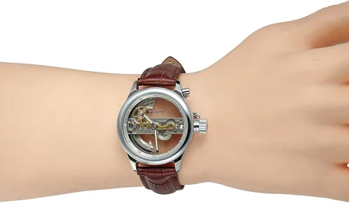 Vista 6 de FORSINING Reloj de esqueleto con correa de piel auténtica, diseño único de lujo, movimiento automático, estilo popular