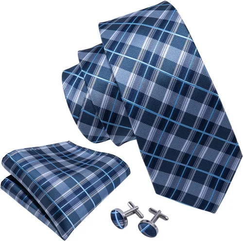 Vista 10 de Barry.Wang Juego de corbatas a cuadros para hombre con pañuelo gemelos de rayas clásicas