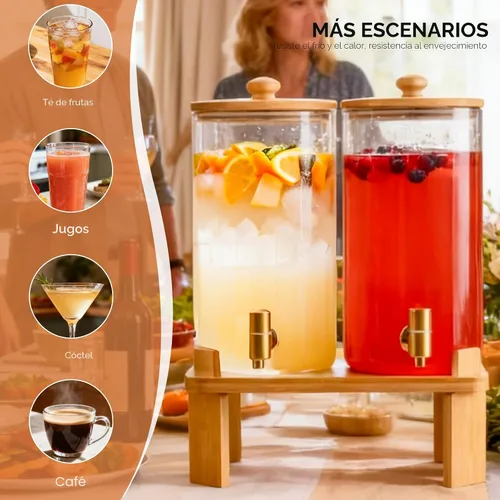 Vista 7 de Paquete de 2 dispensadores de bebidas de vidrio de 1.5 galones para fiestas, dispensador de bebidas con soporte de madera, dispensadores de agua