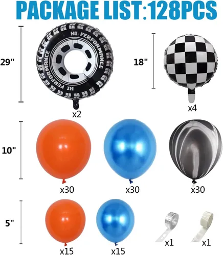 Vista 2 de VitaCraft Kit de guirnalda de arco de globos de coche de carreras, 128 piezas de arco de globos de mármol naranja, azul y negro, globos de aluminio