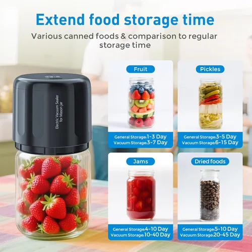 Vista 7 de Kit de sellado al vacío mejorado con parada automática para tarros Mason, incluye tapas, para tarros de boca ancha y regular, pantalla grande