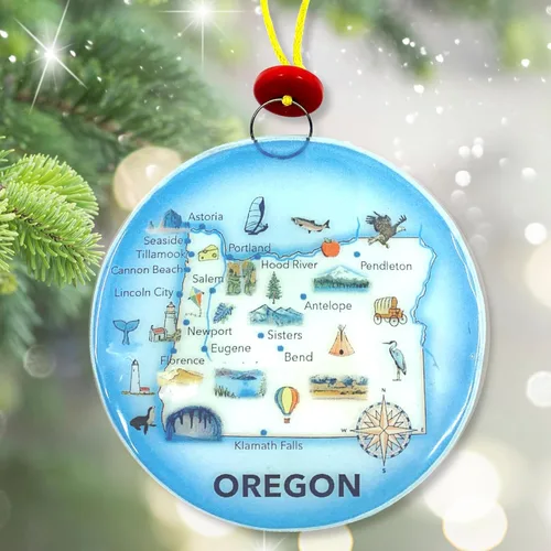 Vista 3 de Oregon State Map Adorno para árbol de Navidad - Atrapasador de luz de cristal artístico