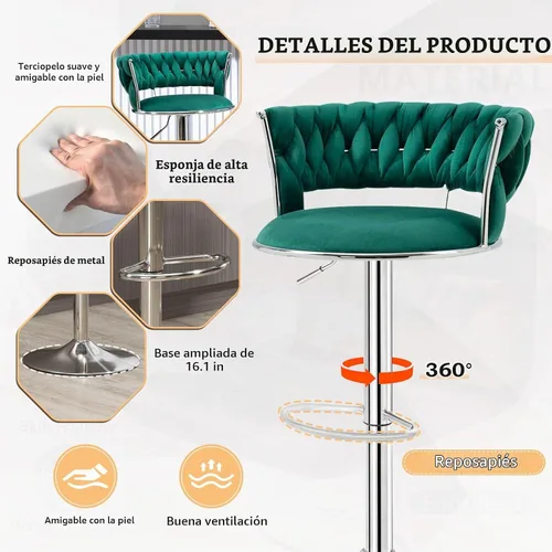 Vista 6 de Juego de 3 taburetes de bar verde esmeralda, modernos taburetes de bar giratorios de 360° con base plateada, sillas de bar de terciopelo, taburete
