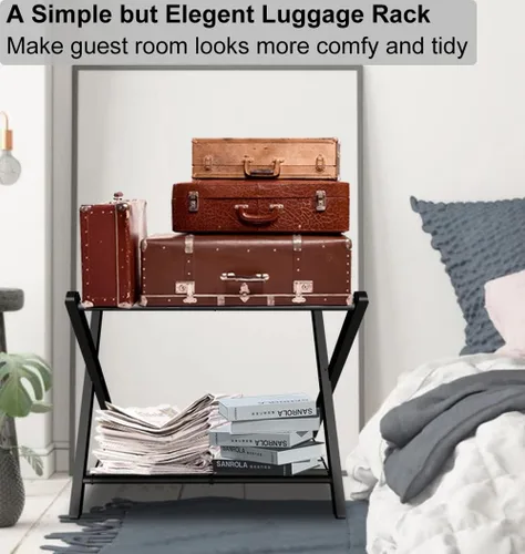 Vista 7 de Portaequipajes plegable para habitación de invitados, soporte plegable de metal para maleta con estante de metal para dormitorio, negro, paquete de 1