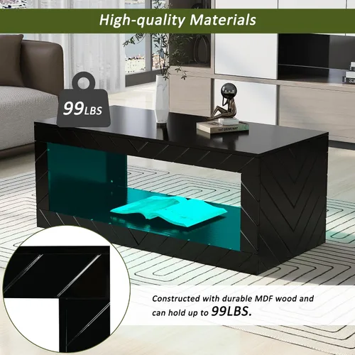 Vista 6 de LUMISOL Mesa de centro LED con almacenamiento abierto, moderna mesa de centro de alto brillo con 16 luces LED de colores, mesa central rectangular
