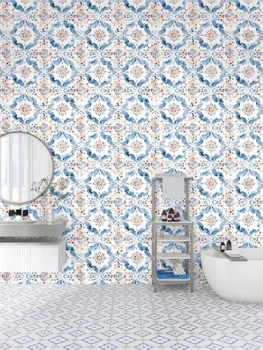 Vista 4 de HAOKHOME Papel tapiz geométrico para despegar y pegar, diseño de damasco floral azul/blanco/rojo, papel de pared extraíble, decoración moderna