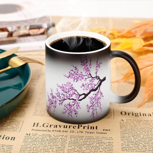 Vista 3 de Sakura Tree Cherry Blossoms Magic - Taza de café sensible al calor, taza de cerámica que cambia de color, regalo divertido