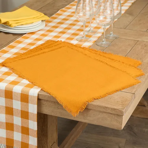 Vista 4 de DII - Colección de mesa con flecos pesados y cuadros, camino de mesa, 14x72 pulgadas, calabaza y especias Naranja