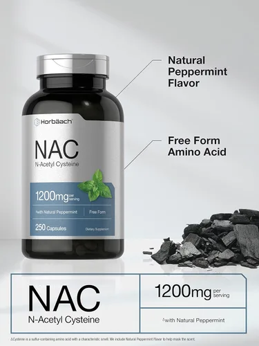 Vista 3 de Suplemento Horbäach NAC N-Acetil Cisteína 1200mg 250 Cápsulas en Polvo para Mujeres y Hombres con Menta Natural Sin GMO, Sin Gluten