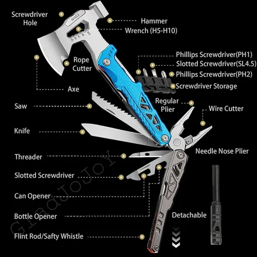 Vista 2 de Hacha de camping multiherramienta 17 en 1, plegable para acampar esenciales, equipo de supervivencia con cuchillo, llave ajustable, martillo