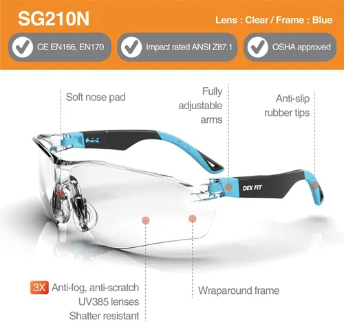 Vista 2 de DEX FIT Gafas de seguridad SG210N – Antivaho y resistentes a los arañazos Z87.1 protección ocular, patillas ajustables y agarre antideslizante