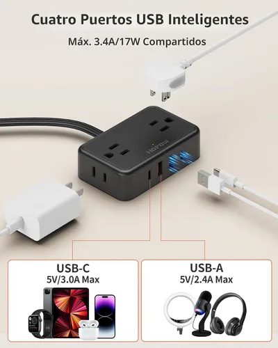 Vista 5 de HOPOW Cable de extensión con enchufe plano, regleta de 6 pies ultra delgada, 4 tomas de CA con amplio espacio y 4 puertos USB (2 USB-C), sin