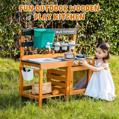Vista 4 de ROBUD Cocina de Barro para Niños al Aire Libre, Cocina de Juego de Madera al Aire Libre, Cocina de Barro para Niños con Fregadero y Grifo