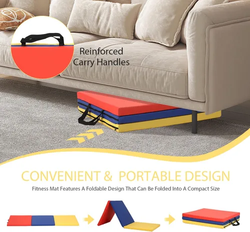 Vista 5 de Colchoneta de gimnasia para acrobacias, plegable, tapete de ejercicio para niños, adultos, tapete de yoga de piel sintética con asas de transporte