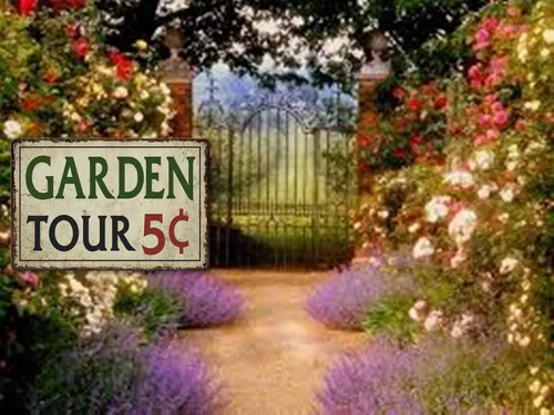 Vista 5 de Letrero de metal para jardinería al aire libre, Garden Tours 5 centavos, letrero de bienvenida retro de colibrí, letrero decorativo de flores