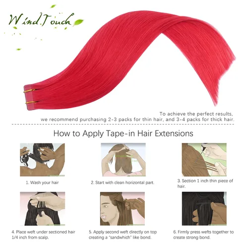 Vista 2 de WindTouch Extensiones de cabello humano con cinta adhesiva, color rojo, 20 unidades, 14 pulgadas, #rojo, 1.06 oz