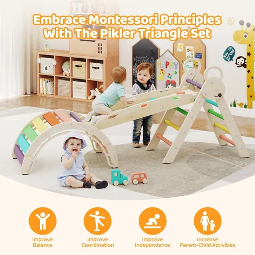 Vista 4 de Pikler Triangle Set, 7-in-1 Foldable Toddler Climbing Toys, Indoor Playground for Kids, Montessori Climbing Set Gift, Wooden Baby Jungle Gym, for