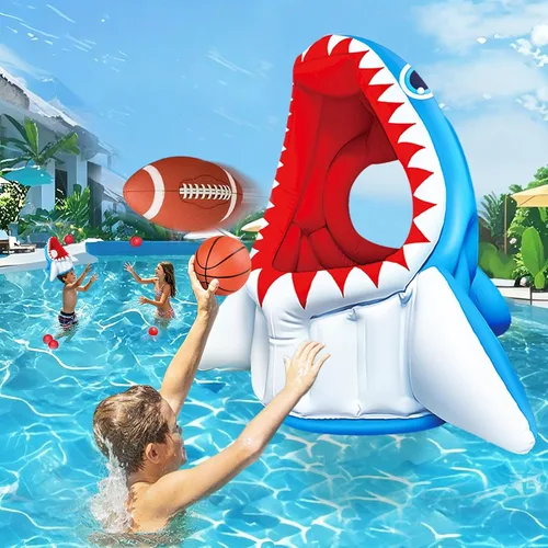 Vista 7 de Juguetes de juego de piscina, flotadores de piscina, juguetes de agua de tiburón 3 en 1 inflables de baloncesto y juegos de pelota de fútbol y aro