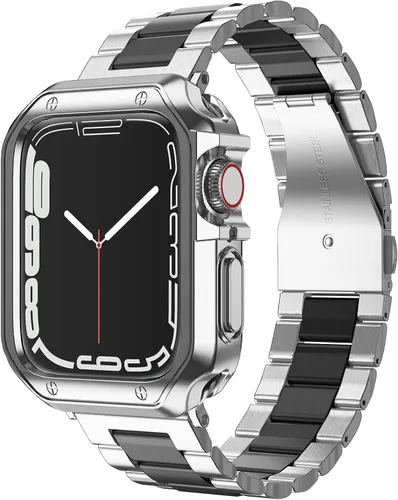 Vista 10 de Compatible con Apple Watch Banda y Estuche, Cadena de Metal de Acero Inoxidable con Cubierta de TPU, Correa de Pulsera de Eslabones