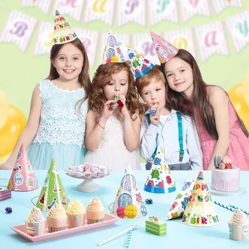 Vista 4 de WERNNSAI 12 Pcs Birthday Party Hats Assorted Themes Cone Paper Headbands Multiple Styles, Easy to Assemble with Elastic Strings, Kids Birthday