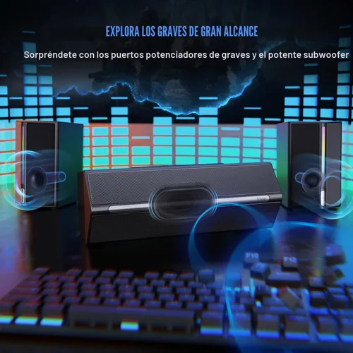 Vista 3 de Sistema de altavoces de computadora FIFINE con subwoofer, altavoz para juegos para PC con RGB, control de volumen, monitoreo, entrada auxiliar