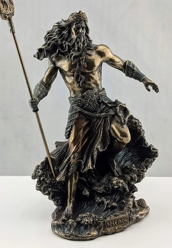 Vista 4 de Veronese Design 7 7/8 pulgadas dios griego Poseidon de pie sobre olas que se estrellan en frío estatua de resina fundida en bronce