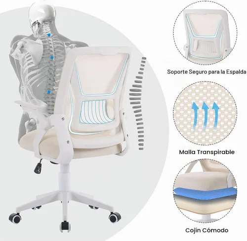 Vista 4 de VECELO Silla de oficina ergonómica giratoria de respaldo medio con brazos ajustables, soporte lumbar de malla para trabajo de computadora
