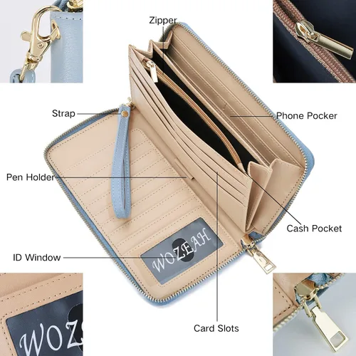Vista 7 de WOZEAH - Cartera de piel sintética con cremallera y bloqueo RFID para mujer, ideal para viajar