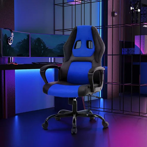 Vista 2 de Massage Gaming Chair – Ergonomic Office Desk Chair with Recline Function, PU Leather & Breathable Design, Lumbar Pillow, Adjustable Height, 360° Blue