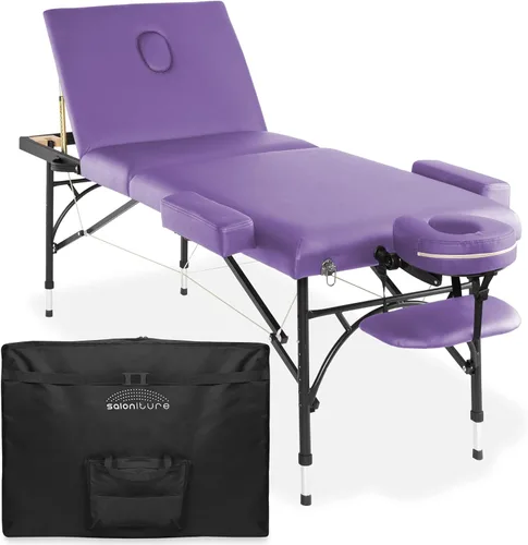 Vista 8 de Saloniture Mesa de masaje profesional portátil ligera de tres pliegues con patas de aluminio, incluye reposacabezas, soporte facial, reposabrazos