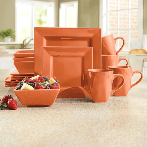 Vista 6 de Montgomery Ward Juego de vajilla cuadrada púrpura elegante de 16 piezas para 4 – Moderno juego de platos y cuencos de cerámica (morado)