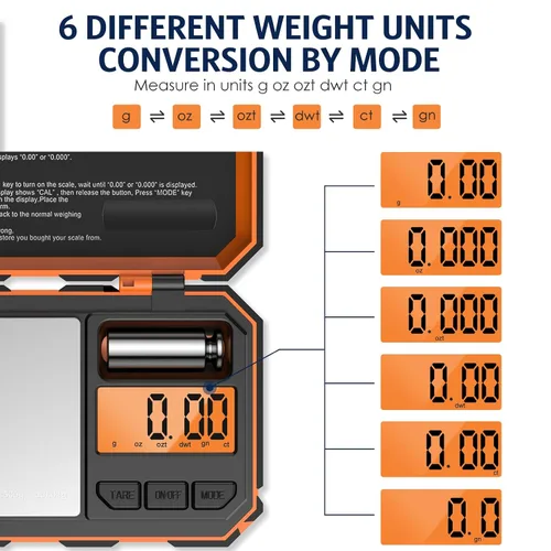 Vista 4 de Báscula digital de gramos, báscula de bolsillo de 7.05 oz x 0.00 oz, mini báscula de joyería de 6 unidades con pantalla LCD, función de tara