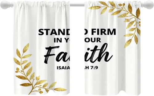 Vista 76 de Shrahala Cortinas blancas S inspiradoras para ventanas de cocina, cortinas negras con palabras cristianas para cafetería, cortinas opacas