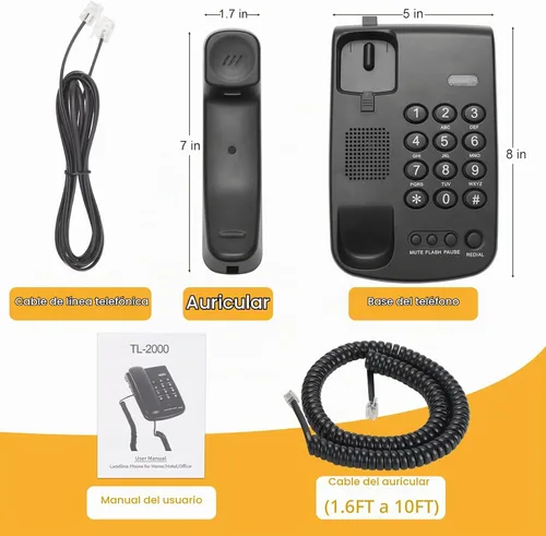 Vista 6 de Teléfono con cable Uvital para teléfonos fijos, teléfono fijo negro