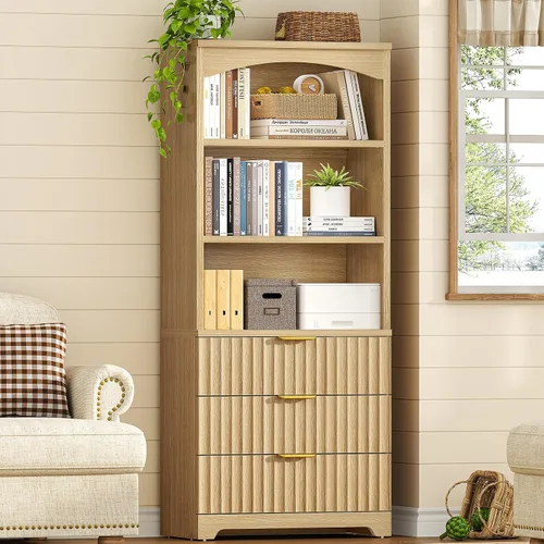 Vista 4 de TEENFON Estantería de 63.3 pulgadas de alto, estanterías y estanterías con cajones, estantería de diseño arqueado con gabinete de almacenamiento