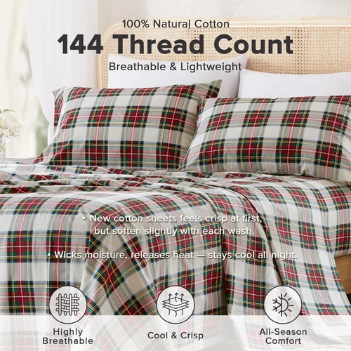 Vista 97 de Comfort Spaces Sábanas 100% algodón tamaño King, transpirables y ultra suaves, sábanas de algodón naturalmente fresco con bolsillo elástico de 14