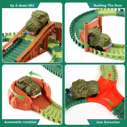 Vista 7 de Jurassic Dinosaur Toys - Carrera de autos de carreras para niños de 4 a 7 años, dinosaurio World Road Race – Juego de pista de tren flexible con 2