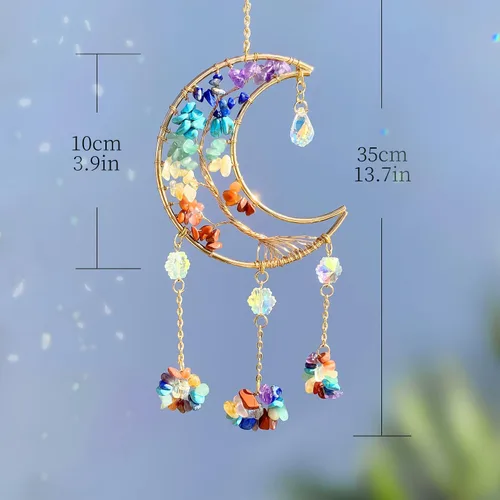 Vista 3 de Atrapasueños de luna con cristal de 7 chakras, atrapasueños, atrapasueños de cristal, arco iris, decoración de buena suerte para ventana, pared